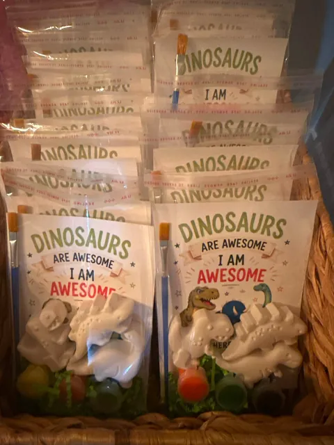 A basket filled with packaged dinosaur painting kits